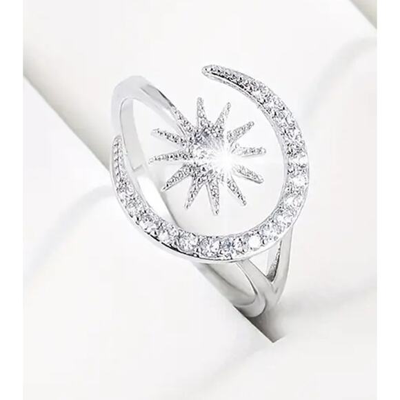 NEW Silver Adjustable Crescent Moon & Star Ring – Celestial Jewelry Moon Ring - Picture 2 of 2